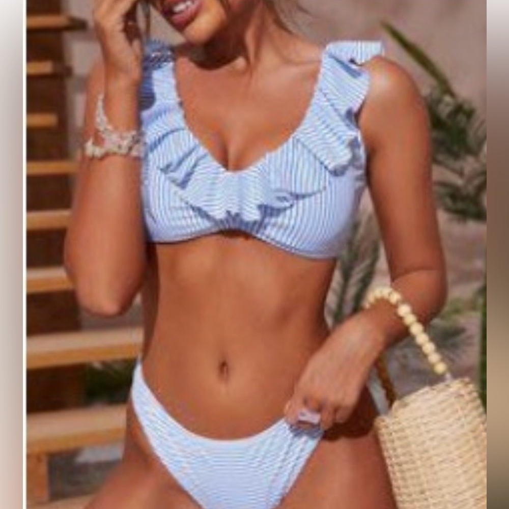 NWOT SHEIN Blue and White Striped Ruffle Bikini